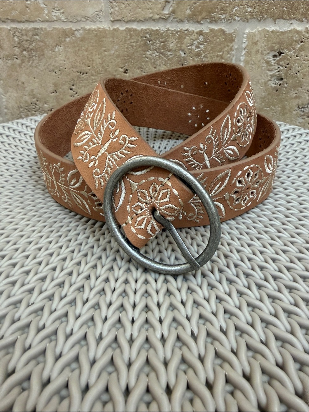 Lucky Brand Tan Leather Belt with White Floral Embroidery and Silver Oval Buckle
